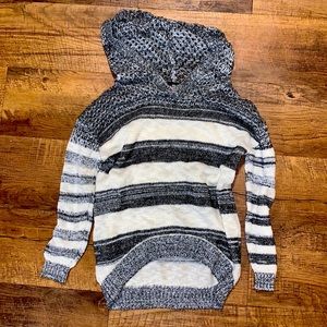 Grey & white striped sweater with crochet hood